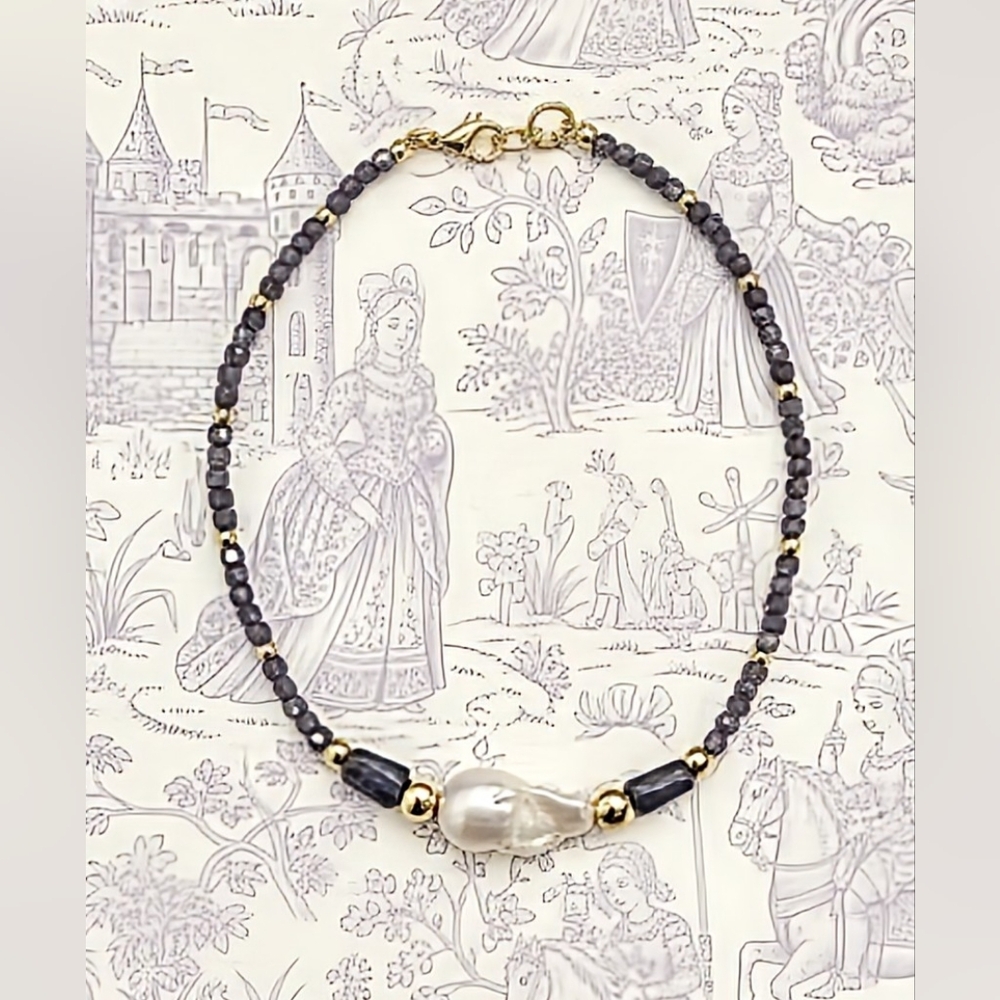 Genuine Tanzanite And Huge Freshwater Baroque Pearl Center In GP Necklace